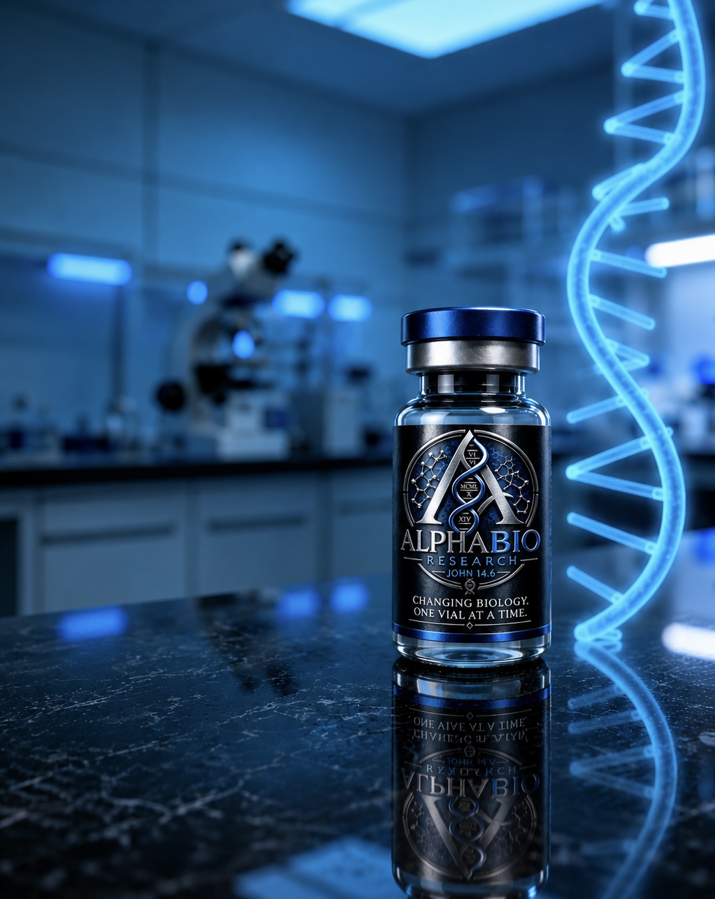 AlphaBio Research vial in laboratory with DNA helix